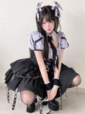 ゴシックロリータドレス パープル レースアップ グロメット かわいいファッション