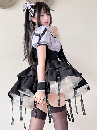 ゴシックロリータドレス パープル レースアップ グロメット かわいいファッション