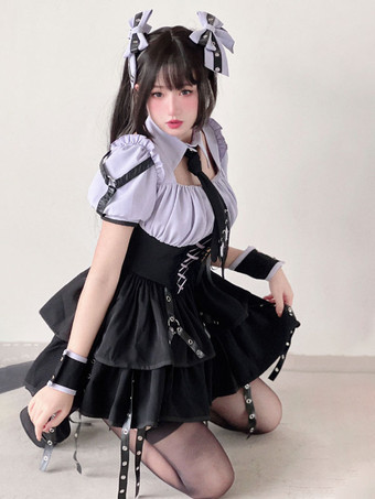 ゴシックロリータドレス パープル レースアップ グロメット かわいいファッション