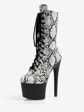 ブラック セクシーなハイヒールブーツラウンドトゥジッパースネークプリントスティレットヒールレイブクラブパイソンサイハイブーツオーバーニーブーツ