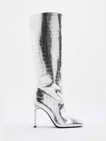 Stivali al polpaccio larghi dorati Stivali al ginocchio con tacco a spillo con punta quadrata da donna