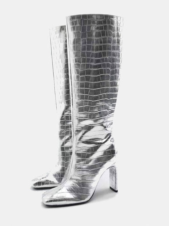 Argento Stivali al polpaccio larghi dorati Stivali al ginocchio con tacco a spillo con punta quadrata da donna