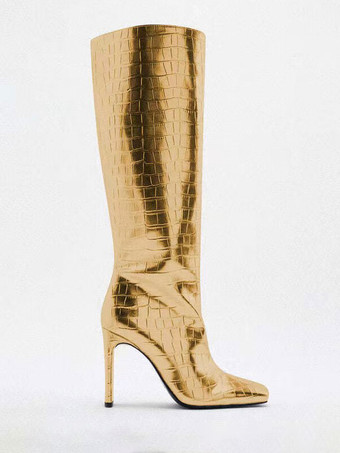 Stivali al polpaccio larghi dorati Stivali al ginocchio con tacco a spillo con punta quadrata da donna