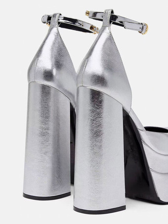Tacones de plataforma plateados Zapatos de fiesta metálicos con punta cuadrada y tacón grueso con correa en el tobillo para mujer