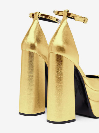 Tacones de plataforma plateados Zapatos de fiesta metálicos con punta cuadrada y tacón grueso con correa en el tobillo para mujer