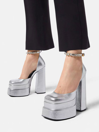 Tacones de plataforma plateados Zapatos de fiesta metálicos con punta cuadrada y tacón grueso con correa en el tobillo para mujer