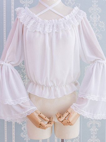 Blusas de Lolita dulce Camisa de Lolita de encaje con volantes en la parte superior de Lolita de manga larga negra