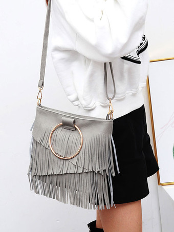 レディース バッグ ブラック PU レザー フリンジ ジッパー クロスボディ ストラップ バッグ