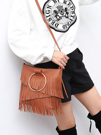 レディース バッグ ブラック PU レザー フリンジ ジッパー クロスボディ ストラップ バッグ