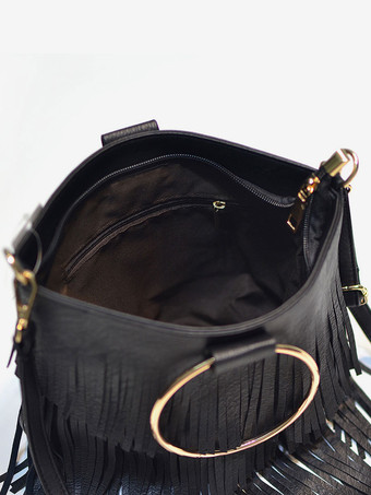 レディース バッグ ブラック PU レザー フリンジ ジッパー クロスボディ ストラップ バッグ
