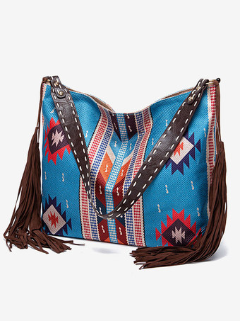Women's Bags Light Sky Blue Cotton Fringe Geometric Zipper Cross Body Strap Bag