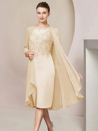 シャンパンパーティードレス花嫁の母のためのジュエルネック半袖 A ラインレースティーレングスゲストドレス結婚式のための無料カスタマイズ