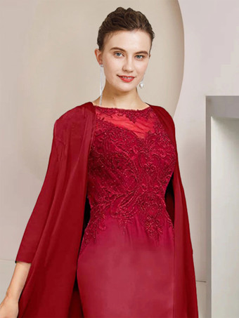 バーガンディーパーティードレス花嫁の母のためのジュエルネック半袖 A ラインレースティーレングスゲストドレス結婚式のための無料カスタマイズ