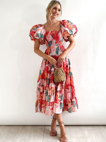 Платья-миди с принтом Цветочный принт Многослойное плиссированное платье с квадратным вырезом и короткими рукавами без спинки Богемное летнее платье