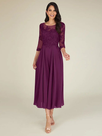 プラムマザードレス ジュエルネック 3/4 長さ袖 A ラインレース床の長さのゲストドレス結婚式のための無料カスタマイズ