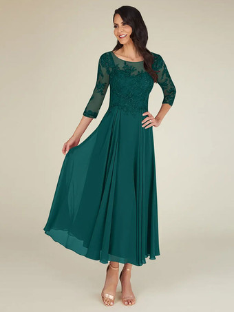 ブルーグリーンマザードレス ジュエルネック 3/4 長さ袖 A ラインレース床の長さのゲストドレス結婚式のための無料カスタマイズ