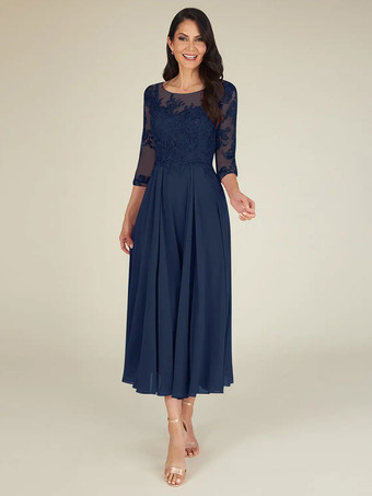 ダークネイビーマザードレス ジュエルネック 3/4 長さ袖 A ラインレース床の長さのゲストドレス結婚式のための無料カスタマイズ