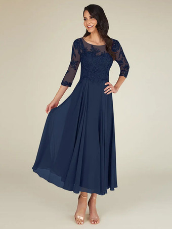 マザードレス ジュエルネック 3/4 長さ袖 A ラインレース床の長さのゲストドレス結婚式のための無料カスタマイズ