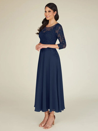 マザードレス ジュエルネック 3/4 長さ袖 A ラインレース床の長さのゲストドレス結婚式のための無料カスタマイズ