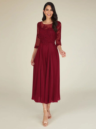 バーガンディーマザードレス ジュエルネック 3/4 長さ袖 A ラインレース床の長さのゲストドレス結婚式のための無料カスタマイズ