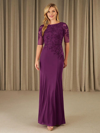 プラムパーティードレス花嫁の母のためのジュエルネック半袖マーメイドレース足首までの長さのゲストドレス結婚式用無料カスタマイズ