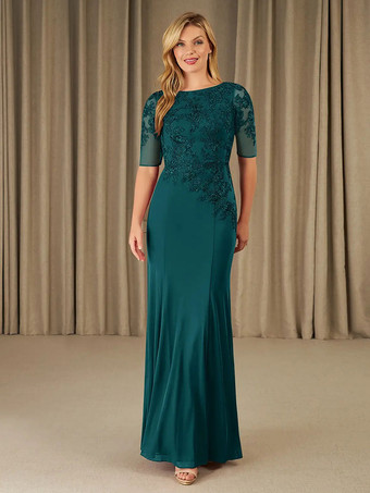 ブルーグリーンパーティードレス花嫁の母のためのジュエルネック半袖マーメイドレース足首までの長さのゲストドレス結婚式用無料カスタマイズ