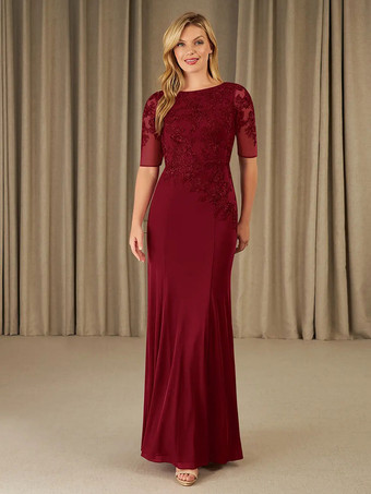 バーガンディーパーティードレス花嫁の母のためのジュエルネック半袖マーメイドレース足首までの長さのゲストドレス結婚式用無料カスタマイズ