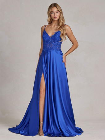 ダズリンブルーイブニングドレス Aライン Vネック レース マキシレングス フォーマルパーティードレス 無料カスタマイズ