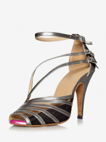 ダークグレー ラテン ダンス シューズ PU レザー ライト アプリコット ポインテッドトゥ バックル ダンス シューズ