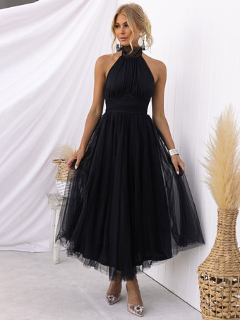 Tulle Midi Dress Halter Pleated Empire Waist Open Back Elegant Prom Dresses