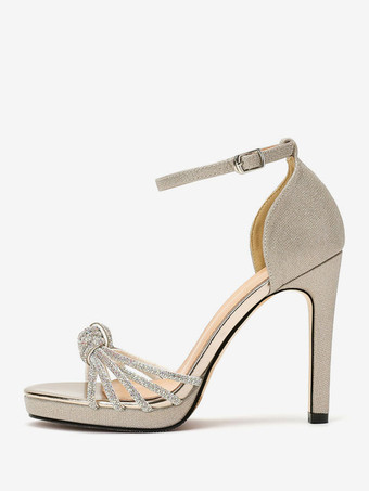 Scarpe da sposa dorate con strass glitterati Scarpe da festa con tacco alto annodato a punta aperta