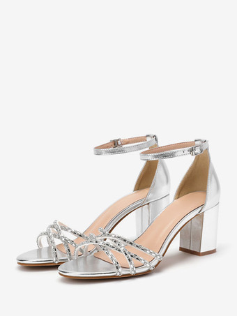 Серебряные свадебные туфли на блочном каблуке с открытым носком и ремешком на щиколотке Свадебные туфли