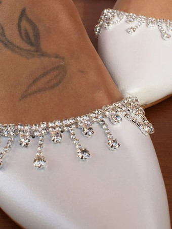 ホワイト フラット ブライダル シューズ ポインテッドトゥ ラインストーン アンクル ストラップ ウェディング シューズ