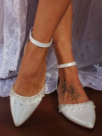 ホワイト フラット ブライダル シューズ ポインテッドトゥ ラインストーン アンクル ストラップ ウェディング シューズ