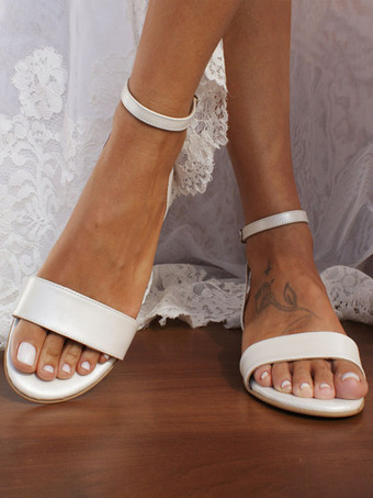 Sapatos de noiva brancos femininos com bico aberto e tira no tornozelo sapatos de casamento rasos