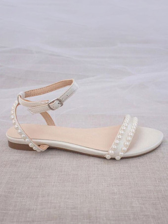 フラットブライダルシューズ ホワイトオープントゥパールウェディングシューズ