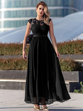 ダークネイビー キャップ スリーブ マキシ ドレス レース ボディス リボン ウエスト プロム ドレス