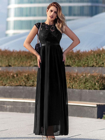 ブラック ダークネイビー キャップ スリーブ マキシ ドレス レース ボディス リボン ウエスト プロム ドレス