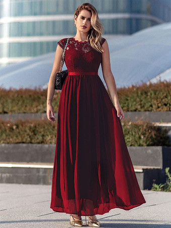 ワインレッド ダークネイビー キャップ スリーブ マキシ ドレス レース ボディス リボン ウエスト プロム ドレス