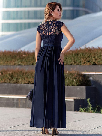 ダークネイビー キャップ スリーブ マキシ ドレス レース ボディス リボン ウエスト プロム ドレス