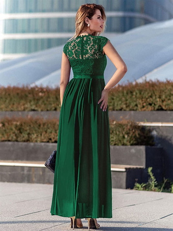 ダークネイビー キャップ スリーブ マキシ ドレス レース ボディス リボン ウエスト プロム ドレス