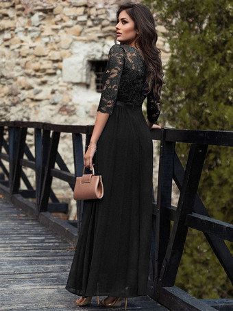 ラウンドネック マキシ ドレス レース ボディス スリークォーター レイヤード プロム ドレス