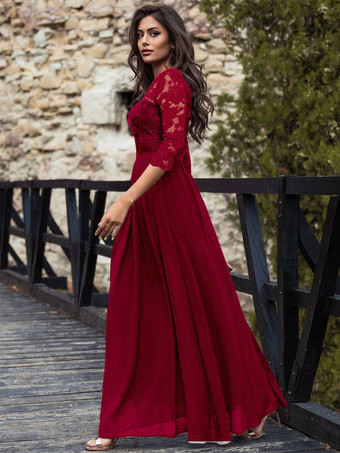 ラウンドネック マキシ ドレス レース ボディス スリークォーター レイヤード プロム ドレス