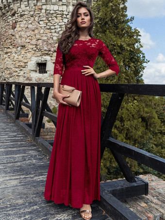 ワインレッド ラウンドネック マキシ ドレス レース ボディス スリークォーター レイヤード プロム ドレス