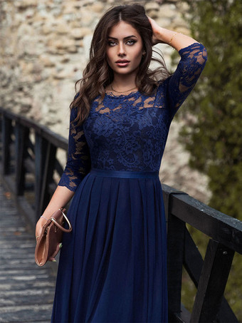 ラウンドネック マキシ ドレス レース ボディス スリークォーター レイヤード プロム ドレス