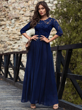 ダークネイビーラウンドネック マキシ ドレス レース ボディス スリークォーター レイヤード プロム ドレス