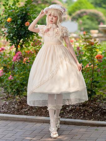 クラシカルロリータドレス明るいシルクシフォン半袖ライトアプリコットドレス - Lolitashow.com