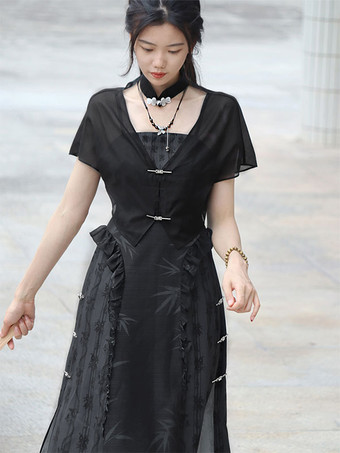 中国風ロリータ衣装黒ノースリーブオーバーコートオーバースリーブアクセサリー