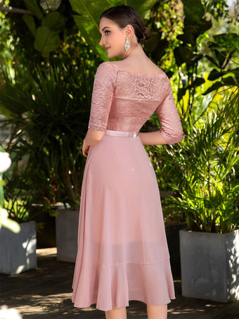 ダークブルー ペプラム ショート ドレス レース ボディス ボートネック リボン ウエスト デイドレス