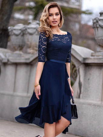 ダークブルー ペプラム ショート ドレス レース ボディス ボートネック リボン ウエスト デイドレス